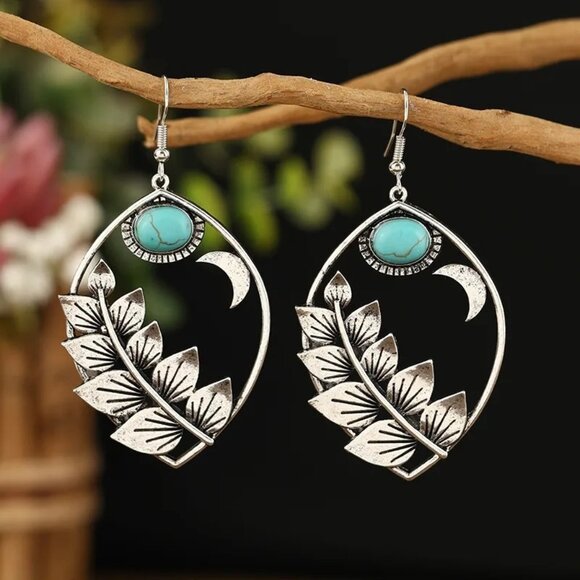 2/$24 Boho Vintage Silver Leaf & Moon Drop Earrings With Turquoise Stone Accents - Picture 1 of 9